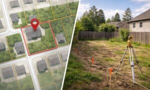 Parcel map vs real property boundary comparison - ALTA SURVEY Nevada Comparison of a parcel map and real property showing differences in boundaries and layout from a property survey