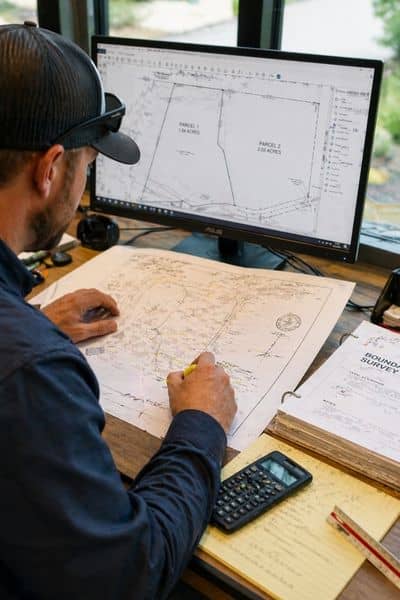 Surveyor reviewing boundary survey maps and property line documents on a desk while analyzing parcel adjustments on a computer screen in an office setting