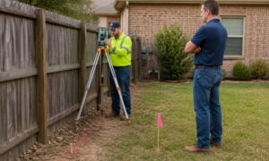 Homeowner and land surveyor reviewing a backyard fence crossing a property line during a boundary survey