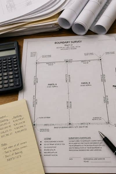 Surveyor reviewing property maps and boundary plans on a desk in a desert setting for property survey cost