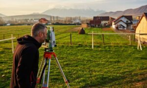 Surveyor using equipment on a land site for a property survey cost project