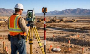 Land surveyor establishing construction control points with a robotic total station on a large commercial job site before grading and infrastructure work begins