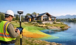 Land surveyor measuring a riverside home's elevation for flood insurance risk assessment using GPS surveying equipment