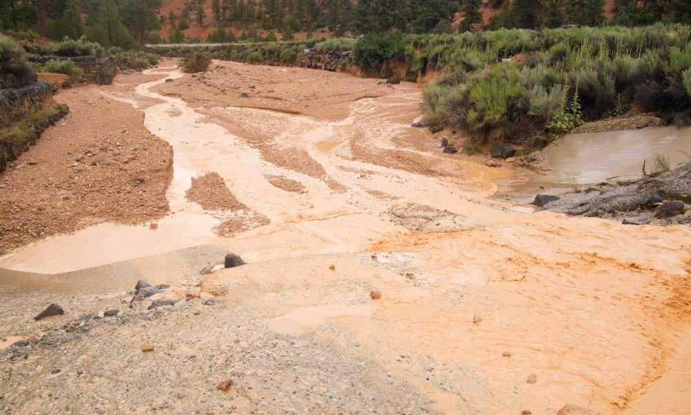 Muddy runoff flowing through a desert watershed area, demonstrating how elevation surveys help map water movement and manage flood risks in arid regions.
