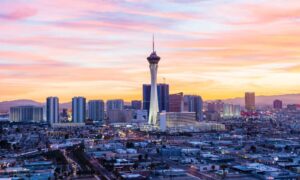 Las Vegas skyline at sunset representing areas served by boundary survey services in Clark County, Nevada.