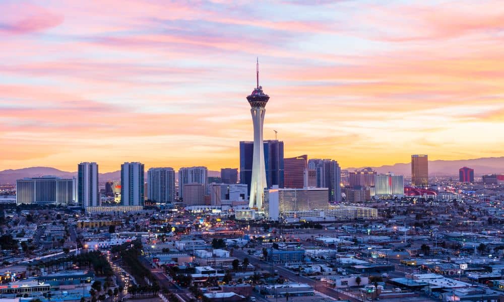 Las Vegas skyline at sunset representing areas served by boundary survey services in Clark County, Nevada.
