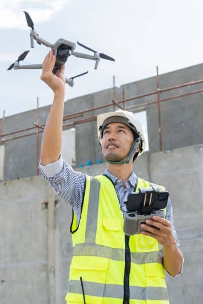 Licensed surveyor launching a drone at a construction site for accurate land surveying
