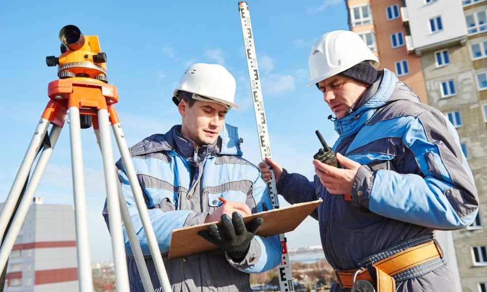 Two land surveyors in hard hats using equipment and notes during a mortgage closing survey
