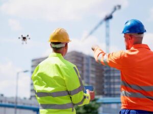 Two construction workers using drone land surveying at a building site with cranes in the background