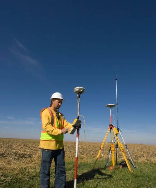 A land surveyor using RTK equipment to verify drone surveying accuracy in an open field under clear blue sky