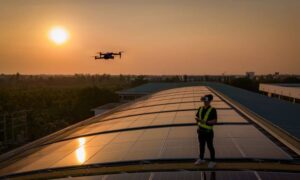 Solar storm drone operations - ALTA SURVEY Nevada A surveyor operates a drone for drone surveying during a bright sunset as a solar storm warning looms