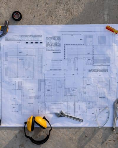 Construction blueprint with tools - ALTA SURVEY Nevada Technical plans and tools laid out on a job site to support details checked during a due diligence survey
