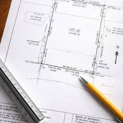 Boundary survey plat prepared by a land survey company showing measured property lines