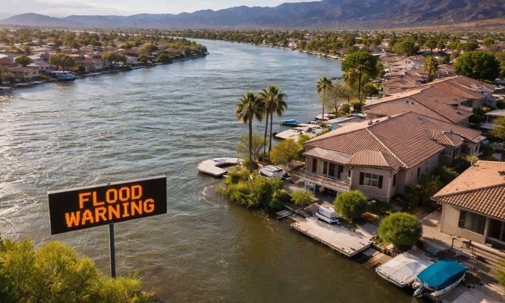 Flood warning sign near Colorado River homes showing why homeowners may need an updated elevation certificate