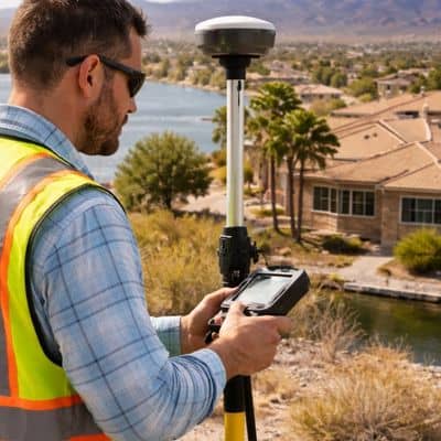 Licensed land surveyor measuring a riverfront property for an updated elevation certificate after flood warnings