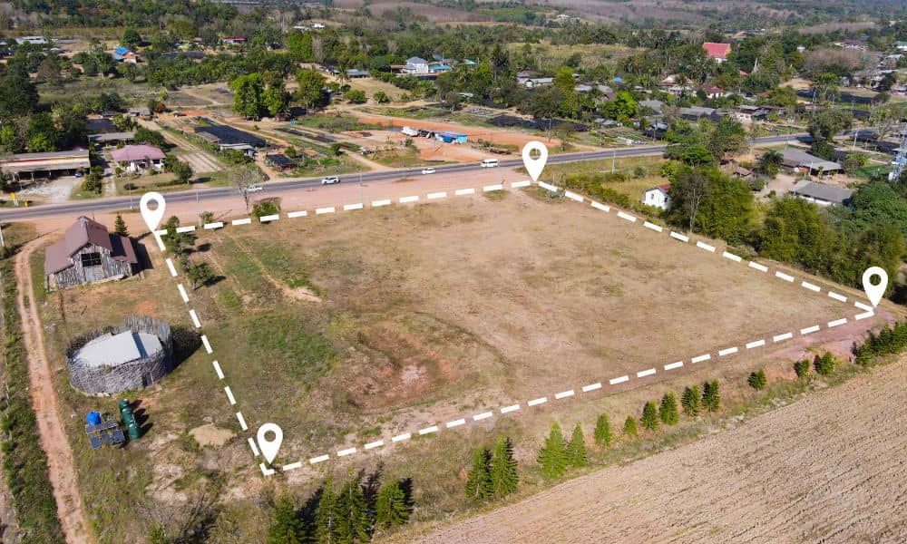 Aerial view of vacant land with marked boundaries showing why a lot survey is important before buying land