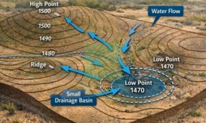 Example of a topo survey showing contour lines and elevation changes to help understand how water flows across the land