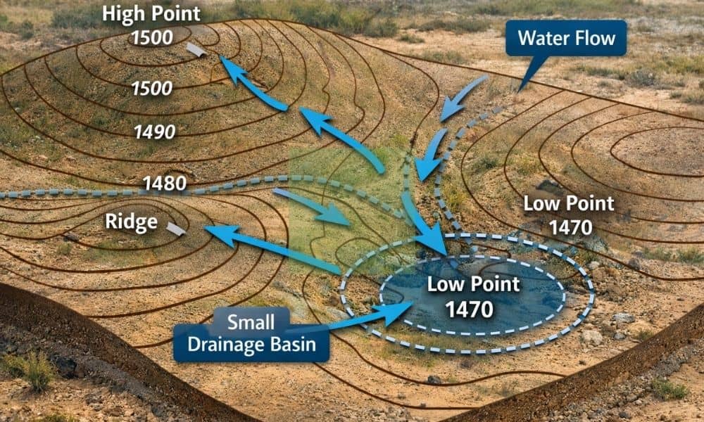 Example of a topo survey showing contour lines and elevation changes to help understand how water flows across the land