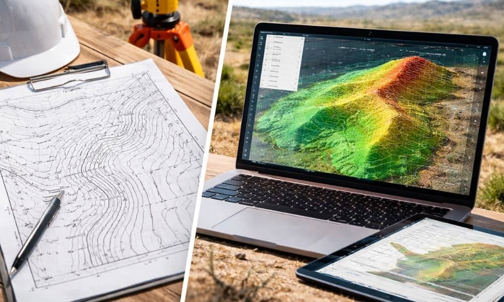 Realistic comparison of a static topographic survey PDF on a clipboard and a 3D digital terrain map on a tablet, showing land elevations for planning and construction