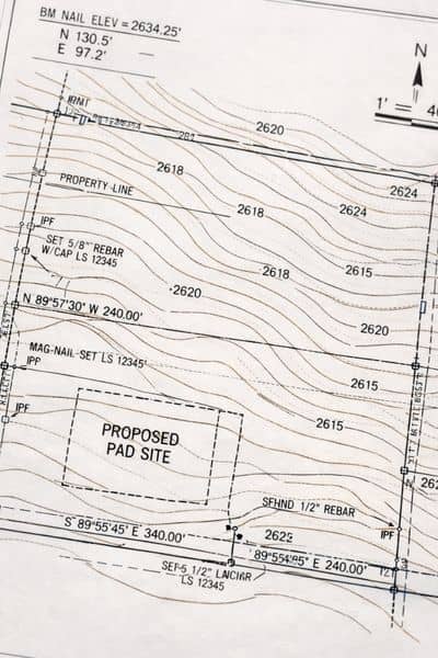 Topo survey showing contour lines, elevation points, and a proposed building pad to help understand land slope and layout