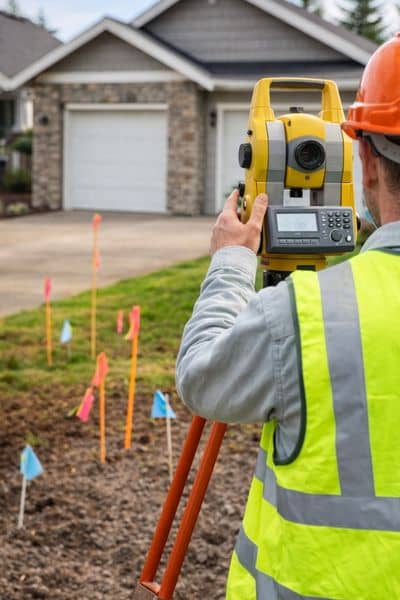 Land surveyor measuring property boundary 1 - ALTA SURVEY Nevada Land surveyor using equipment to measure property lines and access points, showing how surveying companies verify real site conditions
