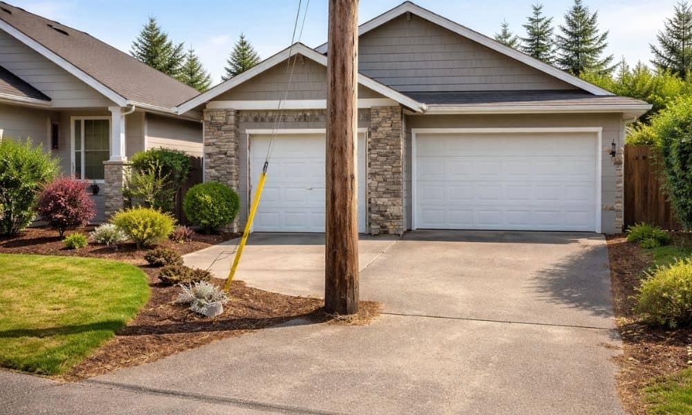 Residential driveway access blocked pole - ALTA SURVEY Nevada Residential driveway partially blocked by a utility pole showing limited property access that surveying companies can identify early