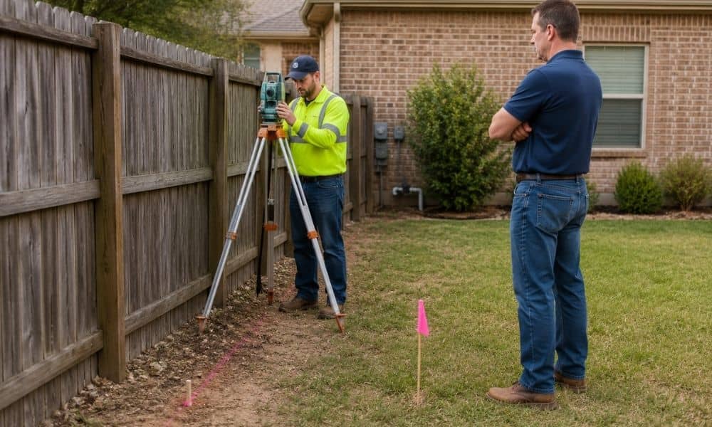 Neighbor fence property line boundary survey - ALTA SURVEY Nevada Homeowner and land surveyor reviewing a backyard fence crossing a property line during a boundary survey