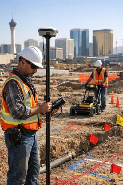 Surveyor using GNSS rover on construction site performing construction staking with visible utility markings and active site coordination
