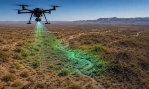 Drone land surveying tight urban lots - ALTA SURVEY Nevada Drone performing LiDAR mapping over a large undeveloped desert parcel, revealing terrain contours, drainage channels, and elevation data for land development planning