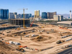 Mega construction site showing stadium development with ALTA survey control, earthworks, and construction staking before project completion