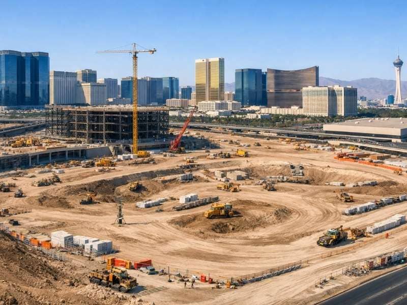 Mega construction site showing stadium development with ALTA survey control, earthworks, and construction staking before project completion