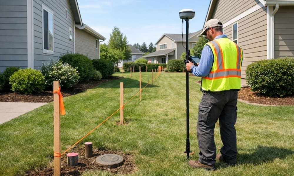 A surveyor completes a boundary survey before a new fence is installed in an HOA neighborhood