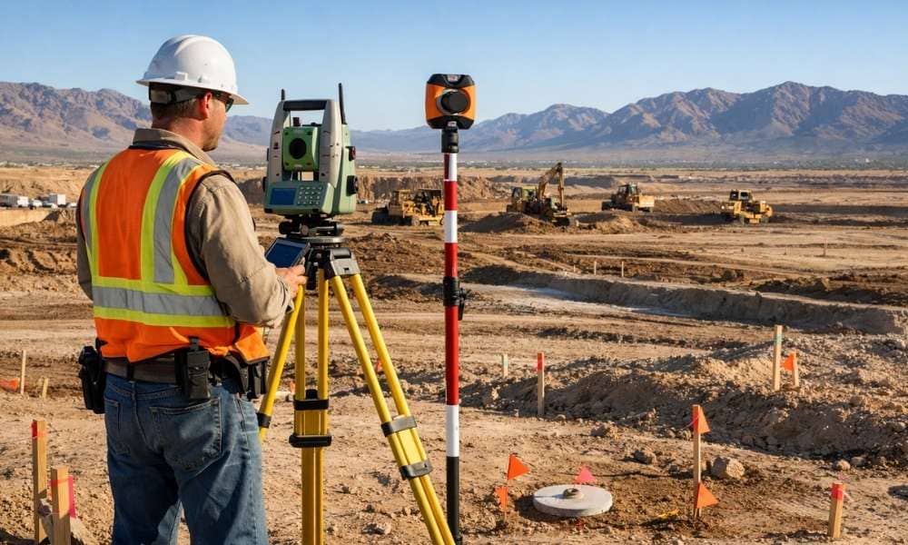 Land surveyor establishing construction control points with a robotic total station on a large commercial job site before grading and infrastructure work begins