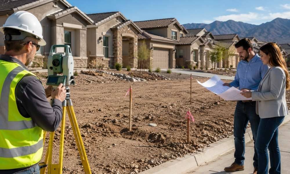 A land surveyor measures a residential property while a couple reviews survey plans before buying a home