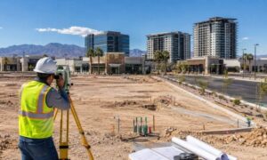 Mixed use development survey planning - ALTA SURVEY Nevada Surveyor checking a mixed-use development site before construction for boundary, utility, and site planning review