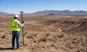 Land surveyor conducting a topographic survey on a Southern Nevada desert site